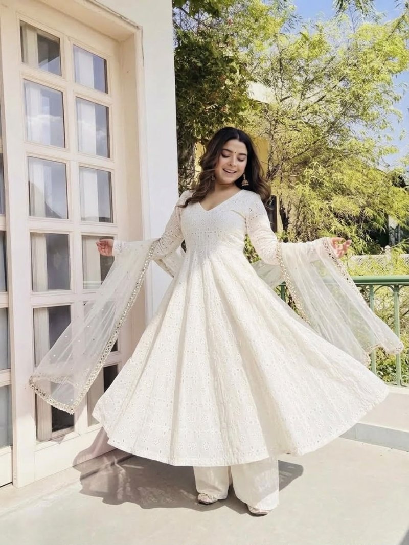 Nsr 919 Pure Cotton Chiffly Work Anarkali Kurti With Bottom Dupatta